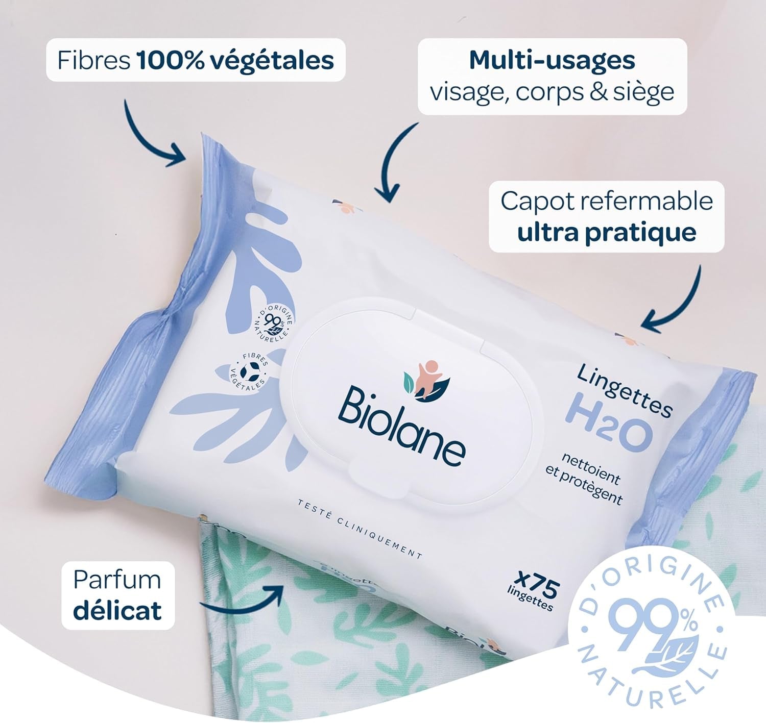 BIOLANE – Baby-Feuchttücher mit Wasser – 225 Tücher – 3 x 75 Stück – sanfte und effektive Reinigung – ab der Geburt – französische Qualität