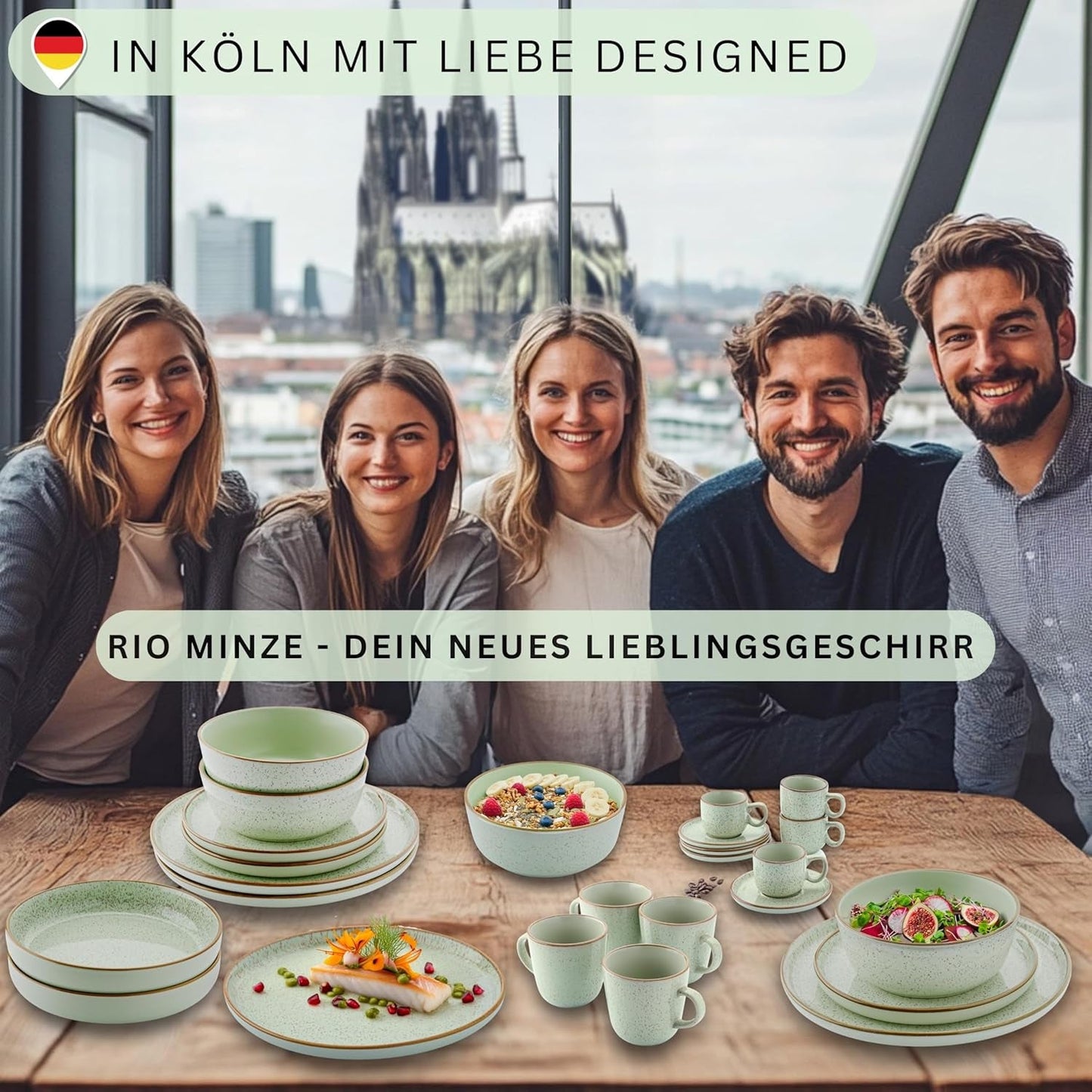SÄNGER Rio Mint | Steinzeug-Geschirrset für 6 Personen, 6 Teller, 6 Dessertteller, 6 Schüsseln, Mintgrün | DIE VALUE-KOLLEKTION