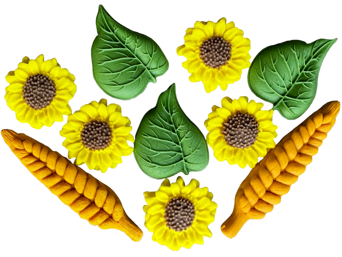 Set mit 10 essbaren Zuckerdekorationen, Dekorationen aus Sonnenblumen- und Weizenzuckerpaste, Naty Shop