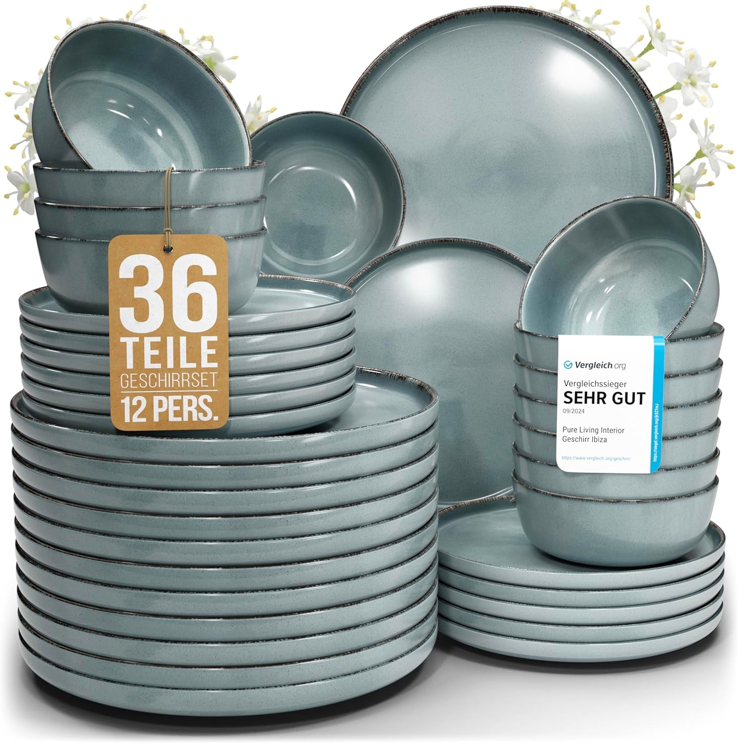 Steingut Geschirrset 12 Personen Rustikal 36 tlg. TESTSIEGER, Hochwertiges Landhausstil Steingut Geschirr Set, Schüssel- und Teller Set, Tafelservice 12 Personen, Geschirrsets Pure Living in Rauchblau