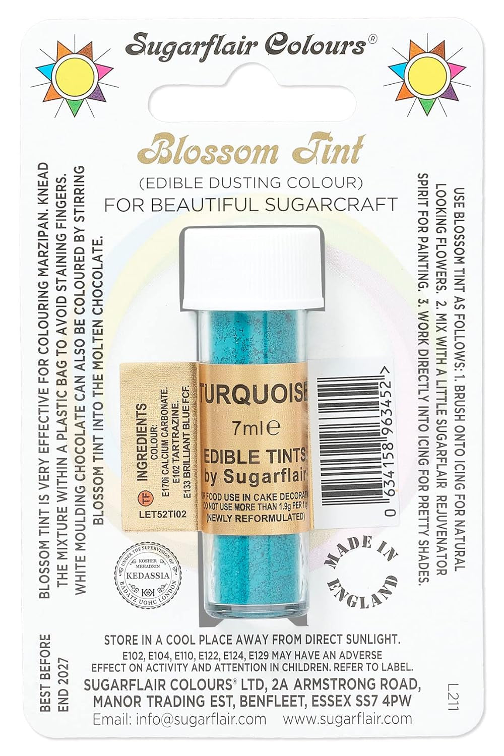 Lebensmittelfarbpulver Sugarflair Blossom Tint Dusting Türkis – Lebensmittelfarbpulver zum Dekorieren von farbiger Zuckerpaste, Fondant, Glasur, Schokolade, Buttercreme, Makronen – 7 ml
