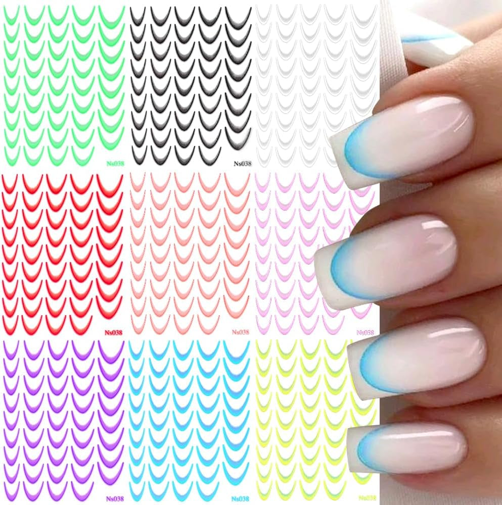 9 Farben französische Nagelaufkleber, französische Nagelaufkleber, selbstklebende Nagelfolie, französische Nägel, Farbverlaufsaufkleber, französische Nagelaufkleber, Nagelkunst, Nageldesign-Aufkleber, Nagelzubehör