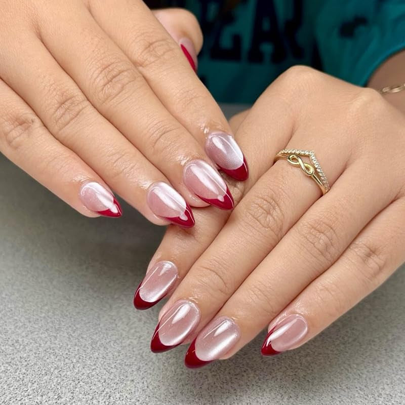 Mouyouglow Kurze magnetische künstliche Nägel, rosa mandelroter Farbverlauf, glitzerndes Katzenauge mit Kleber, rosa rote Ombre-Glitzer-Phototherapie-künstliche Nägel für Frauen und Mädchen