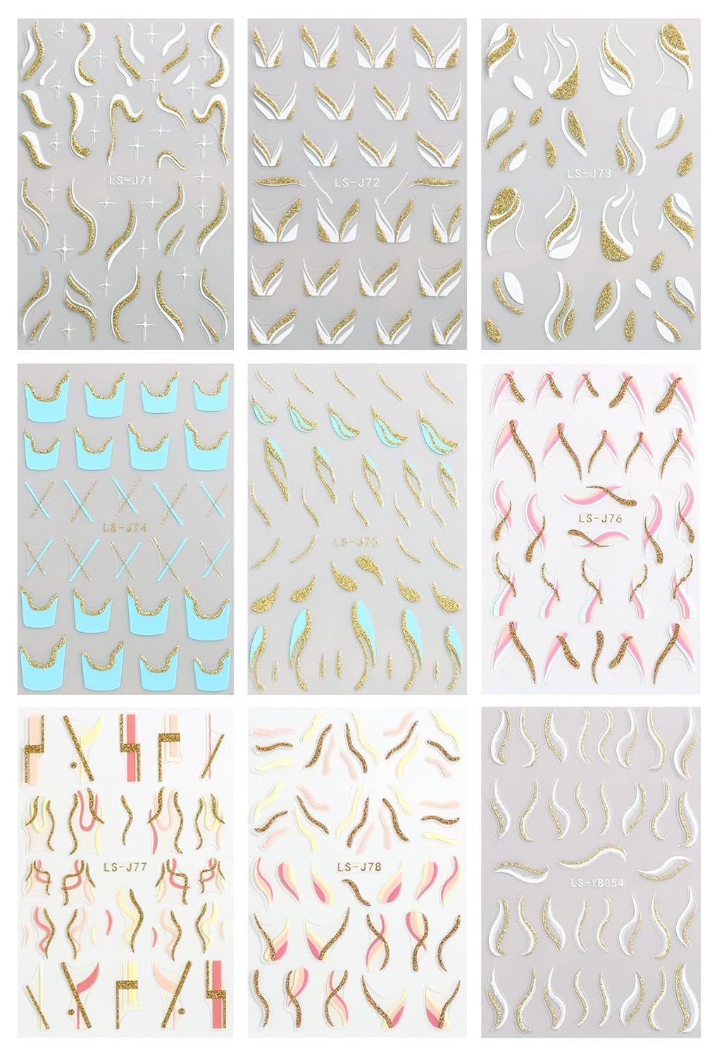 JMEOWIO Nagelsticker Französische Spitze 9 Blatt Nail Art Sticker Selbstklebend Nagelaufkleber Glitzer Wellenlinie Dekoration Nageldesign Zubehör