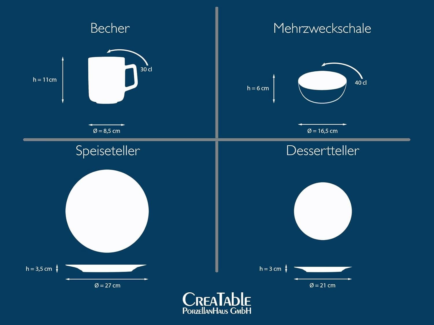 Creatable 23788 Cascade Series 8-teiliges Geschirrset für 2 Personen, Kombiservice aus Porzellan, spülmaschinen- und mikrowellengeeignet, hochwertige Herstellung