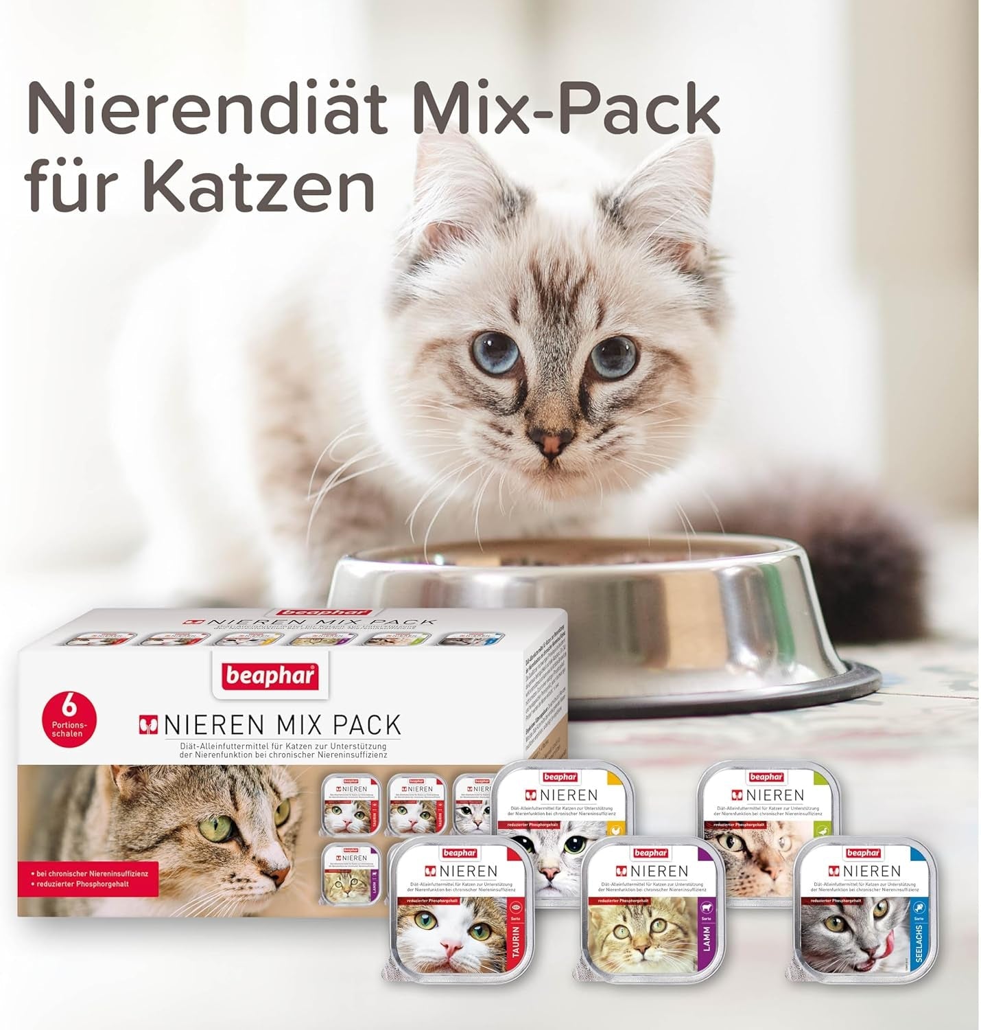 BEAPHAR – Nierendiät Mix Pack – Diätalleinfuttermittel Für Katzen Mit Chronischer Niereninsuffizienz – Zur Unterstützung Der Renenfunktion – 6X 100 g