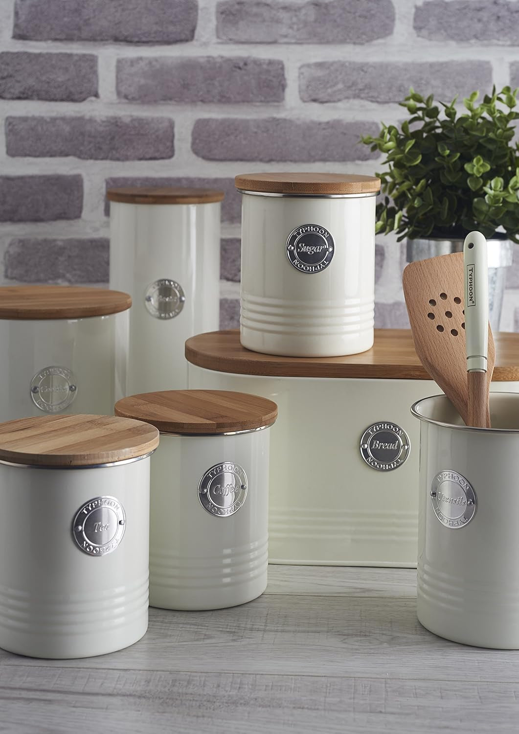 , Brotkorb „Living“ aus Edelstahl, cremefarben, mit Bambusdeckel, cremefarbene Aufbewahrungsboxen für Lebensmittel von Naty Shop