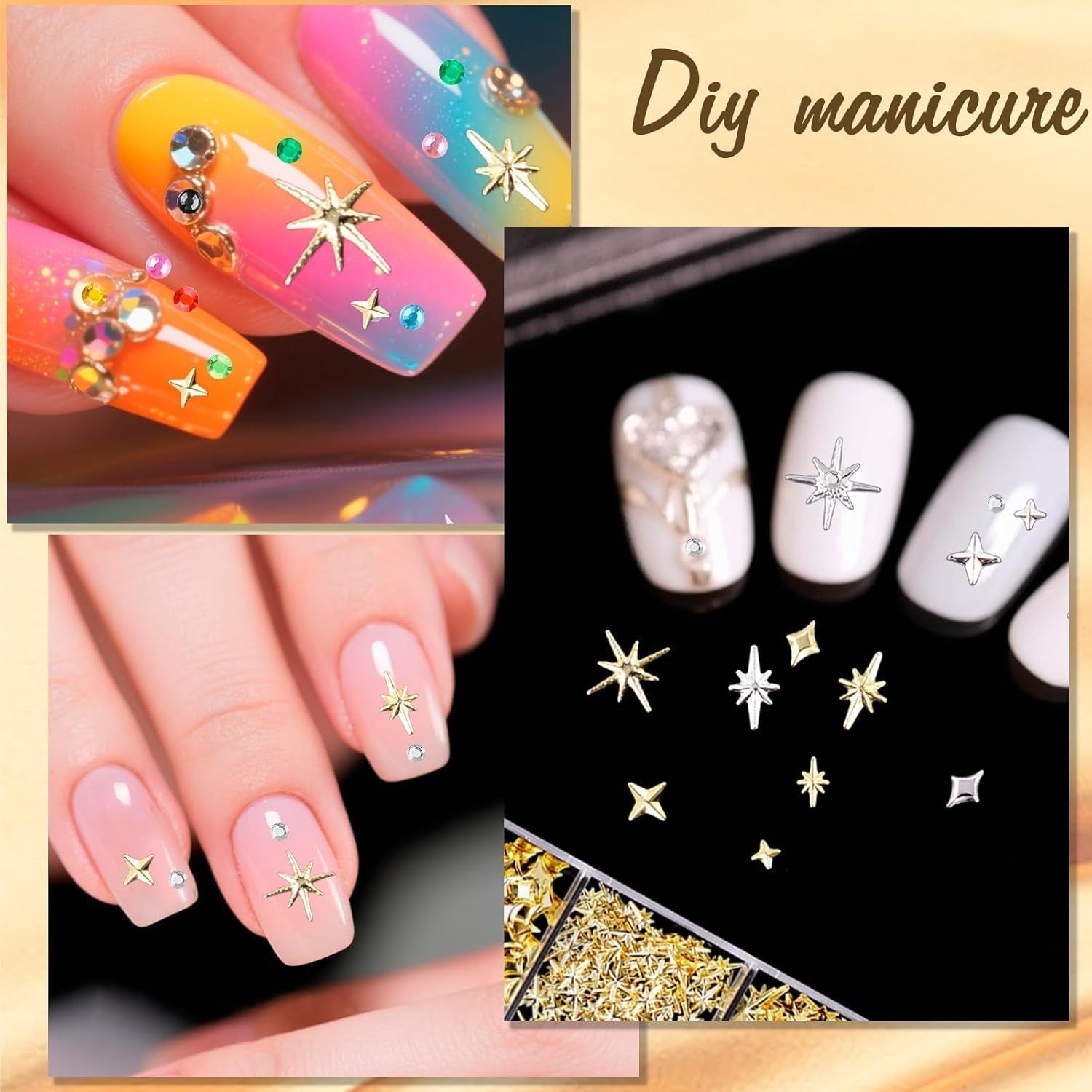 Nail Charms,6 Boxen Gold Silber Nagel Charms 3D Gold Bogen Stern Nail Art Dekoration+6200 Strasssteine ​​​​Bunt Steine ​​​​AB Perlen Diamanten,3D Legierung Bow Nail Gems Nagel Deko Für Frauen Nagel (6-A)
