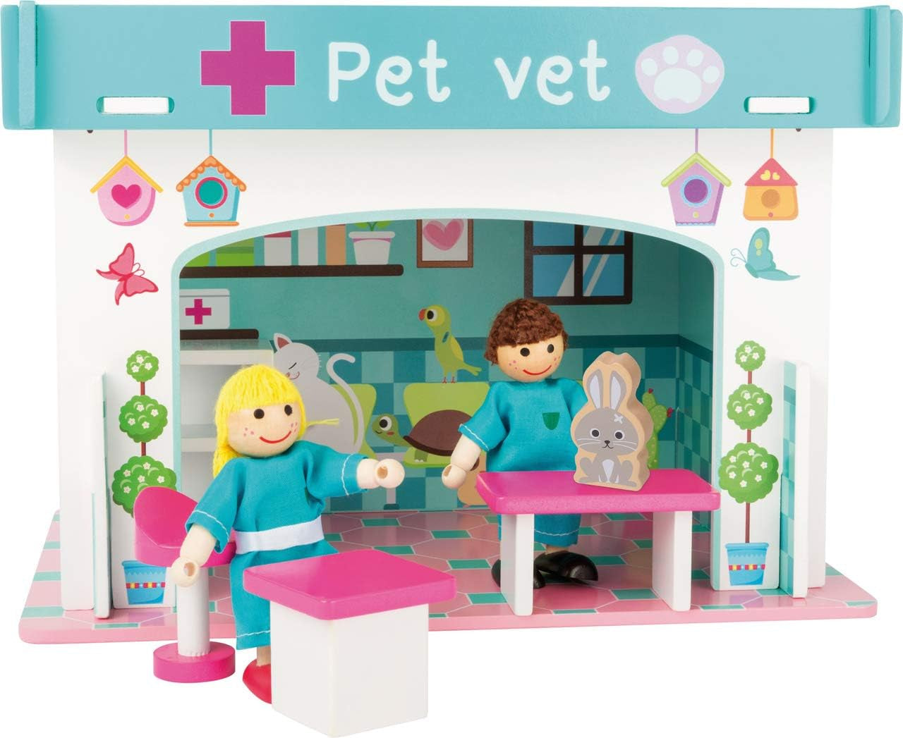 Small Foot 10852 Spielhaus Restaurant aus Holz, mit 2 Puppenfiguren, Zubehör und abnehmbarem Dach, ab 3 Jahren Puppenhäuser Naty Shop Tierklinik