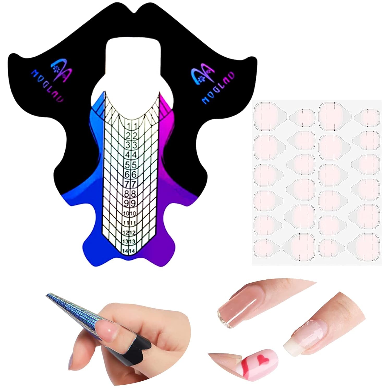 ® 100 Nagelschablonen und 1 Blatt mit 24 transparenten Klebescheiben für Nägel, Nagelverlängerungsschablonen, selbstklebende Gel-Nagelverlängerungsschablonen, Zubehör für künstliche Nägel