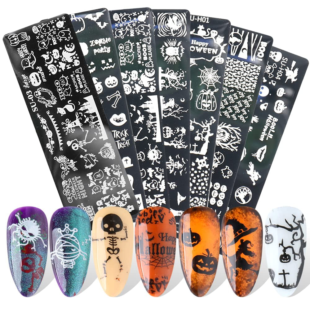 JMEOWIO Nail Stamping Schablonen Halloween 6 Stück Nagelstempel Schablonen Nail Art Dekoration Nageldesign Zubehör Böse Gruselige Kürbis-Geisterhexe