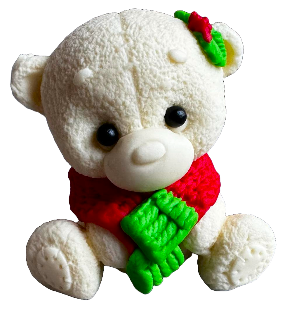 Essbare Dekoration aus Zuckerpaste, weißer Teddybär mit grünem und rotem Schal. Dekorationen aus Zuckerpaste Naty Shop