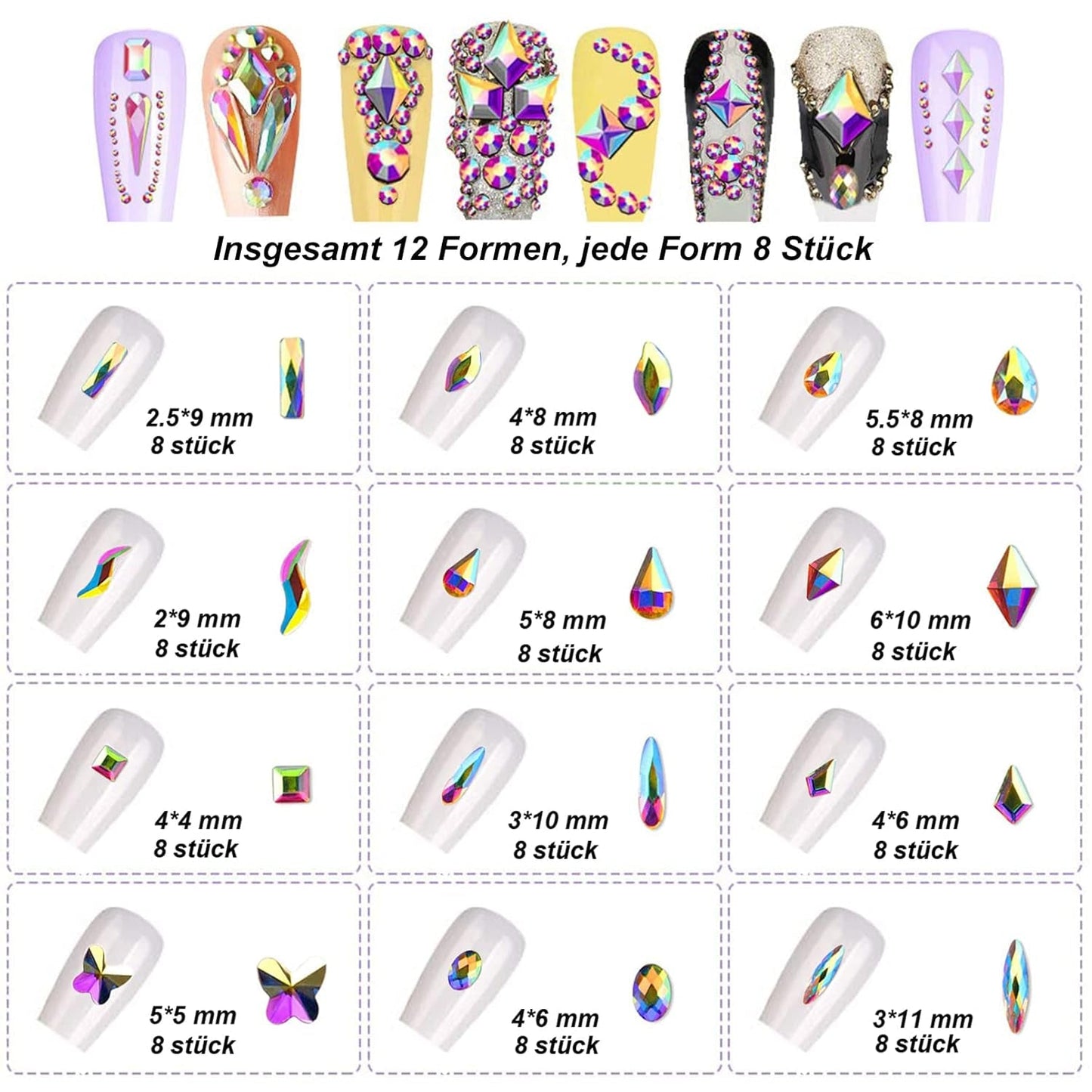 3200 Nagelsteine ​​Set FITDON Mehrförmige Glas-AB-Steine ​​und klare Diamant-Glitzer-AB-Steine ​​für Nagelkunst-Dekoration, DIY-Kits, Schmuck, Schlüsselanhänger, Nagelzubehör