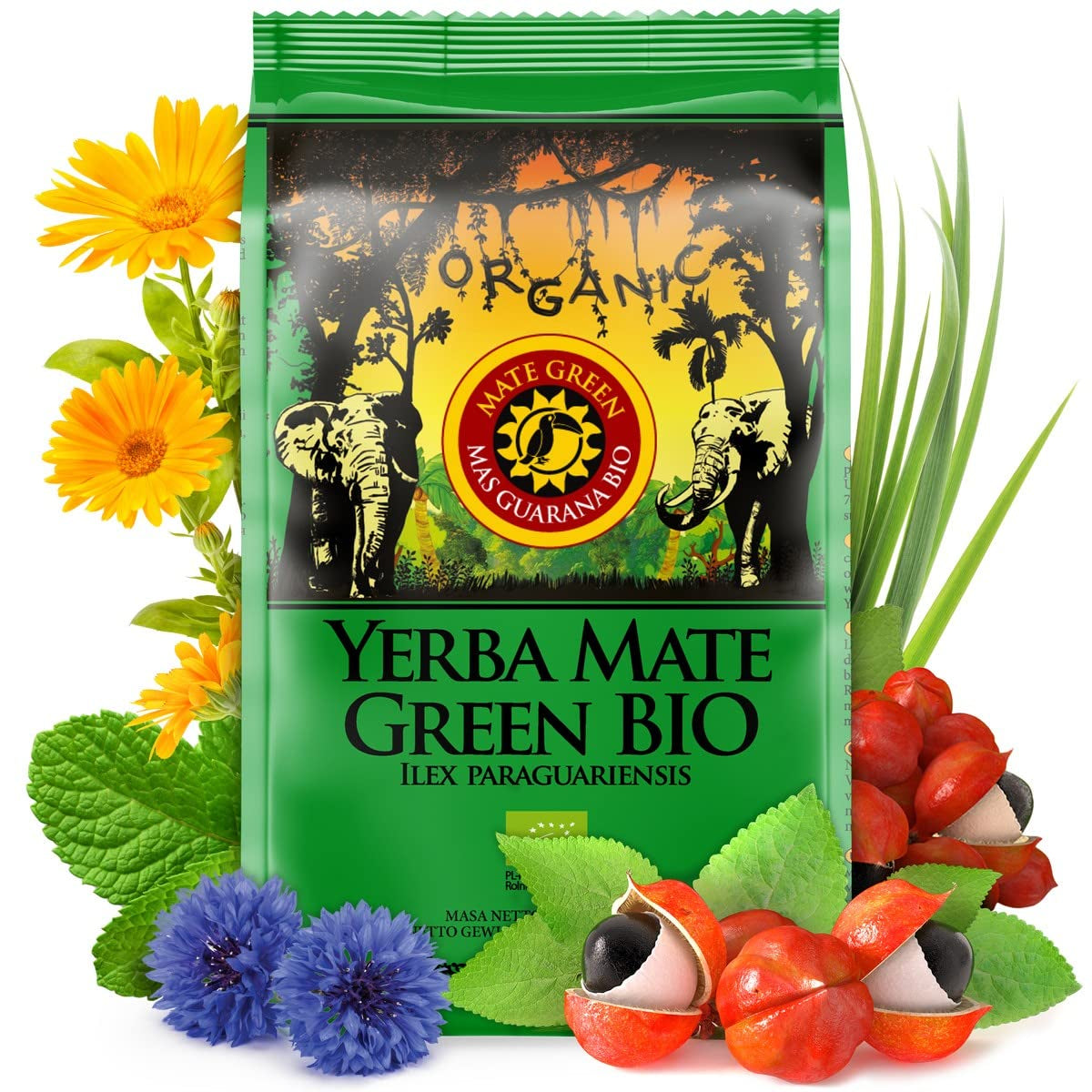 Bio-Mate-Tee, traditionell geerntet, ohne Rauch getrocknet | Mate-Tee Mas Guarana BIO 200G | Bio-Blätter-Bulk | Mit Guarana, Minzblättern, Zitronengras, Kornblumenblüten