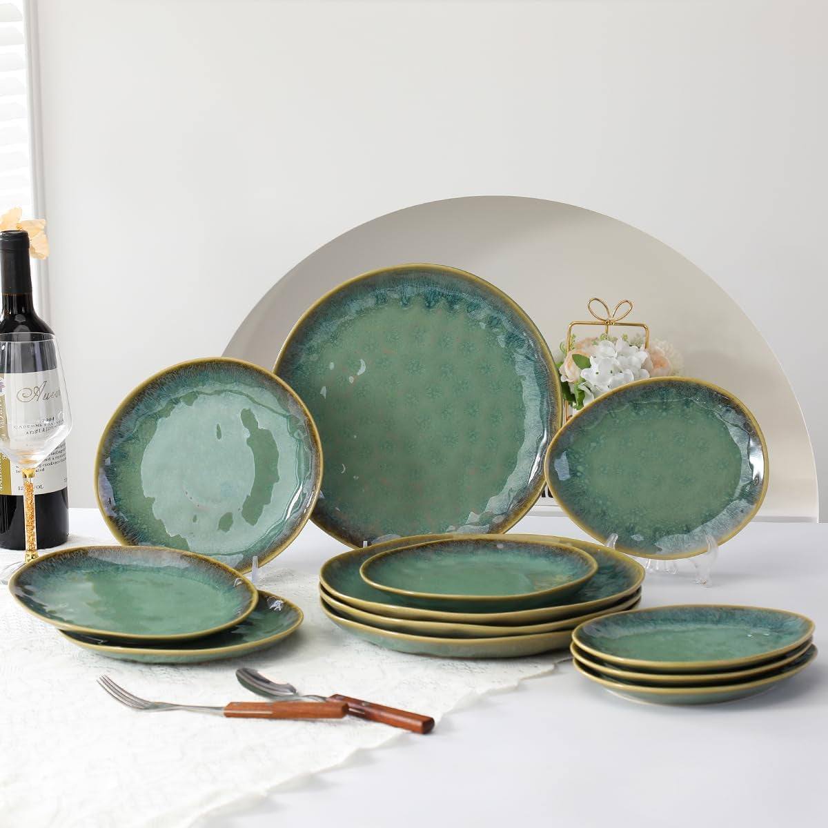 Henten Home Special Steinzeugteller, Snack- und Saucenschalen – 20 x 17 cm für 4 Personen, Frühstücksteller aus Porzellan – modernes grünes Design