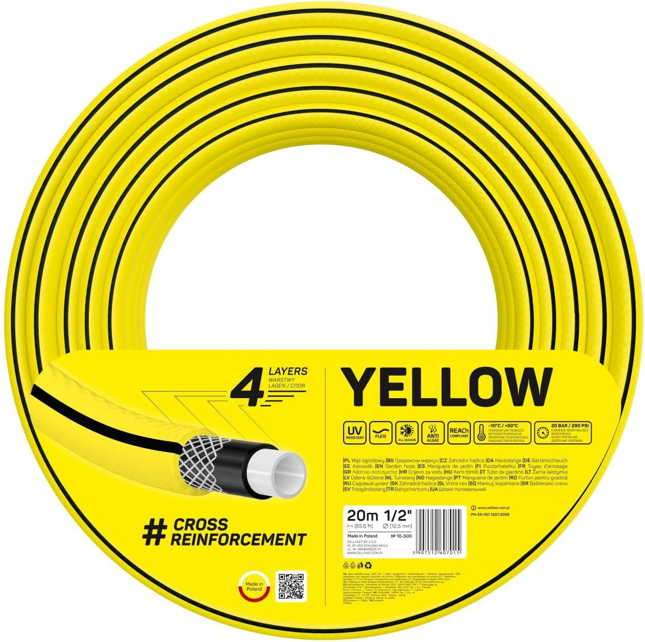 Gartenschlauch Cellfast GELB, leicht, langlebig, 4-lagig, langlebiges Kreuzgeflecht, UV- und algenbeständig, verdrehsicher, REACH-Technologie, 20 bar, -10/+50°C, Verschluss: 1/2", 20m