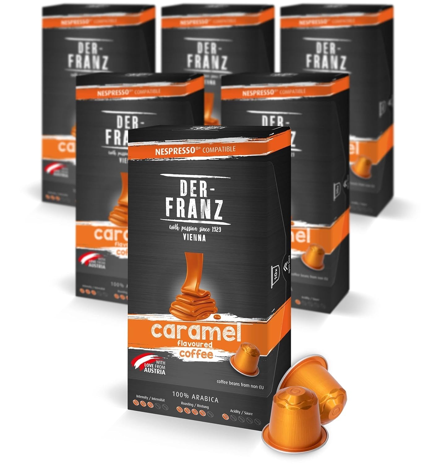 Der-Franz Nespresso-kompatible Kaffeekapseln, 6 x 10 Kapseln, Karamellaroma, mittlere Röstung