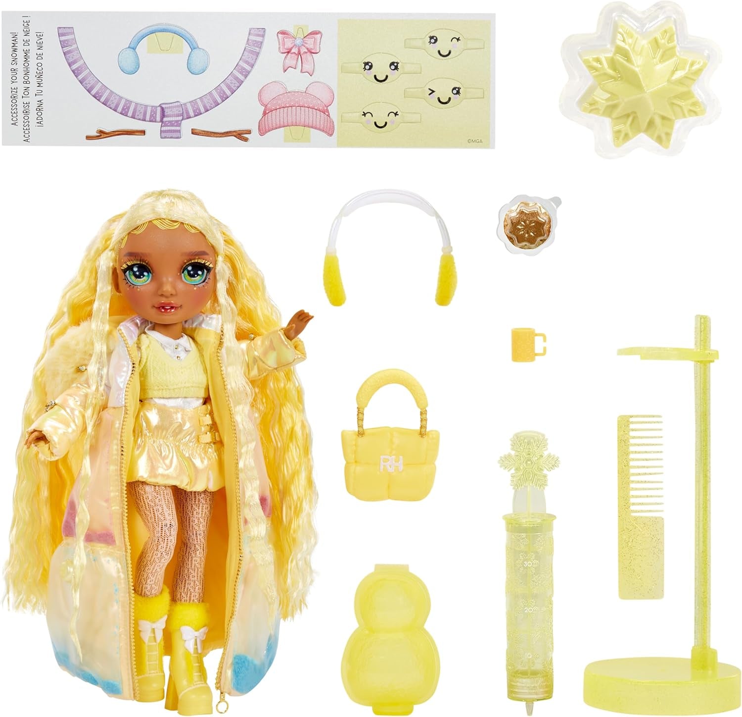 Rainbow High Winter Wonderland – Sunny (Gelb) – 28 cm große versteckte magische wasseraufblasende Schneemann-Modepuppe mit Schneemann-Set, geeignet für Kinder im Alter von 4–12 Jahren und Sammler