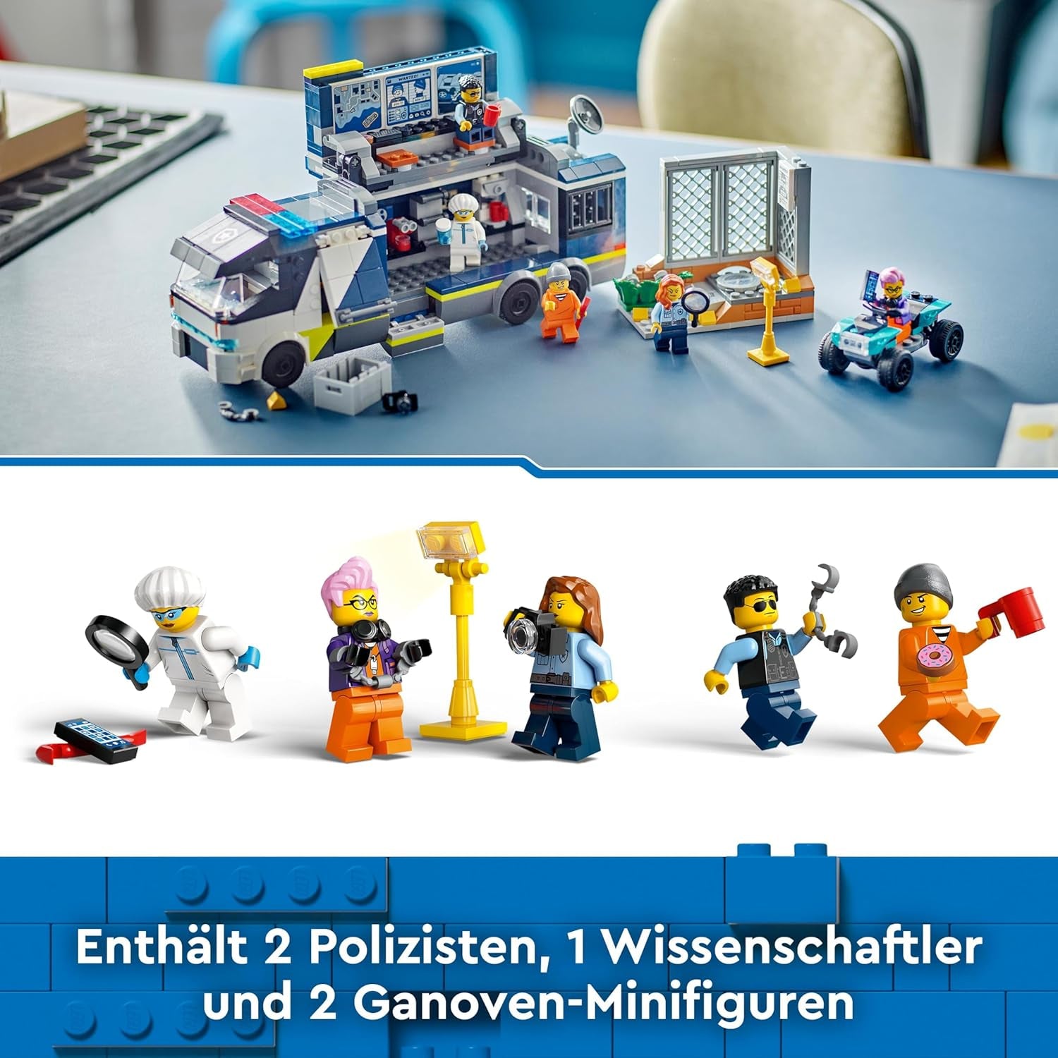 LEGO City Polizei-Truck mit Labor, Quad-Polizei-Set und Spielzeug-Truck für Kinder, Geschenk für Jungen und Mädchen ab 7 Jahren, plus 5 Minifiguren – 2 Polizisten, 1 Wissenschaftler und 2 Gauner 60418 Bausets Beuche den LEGO-Store
