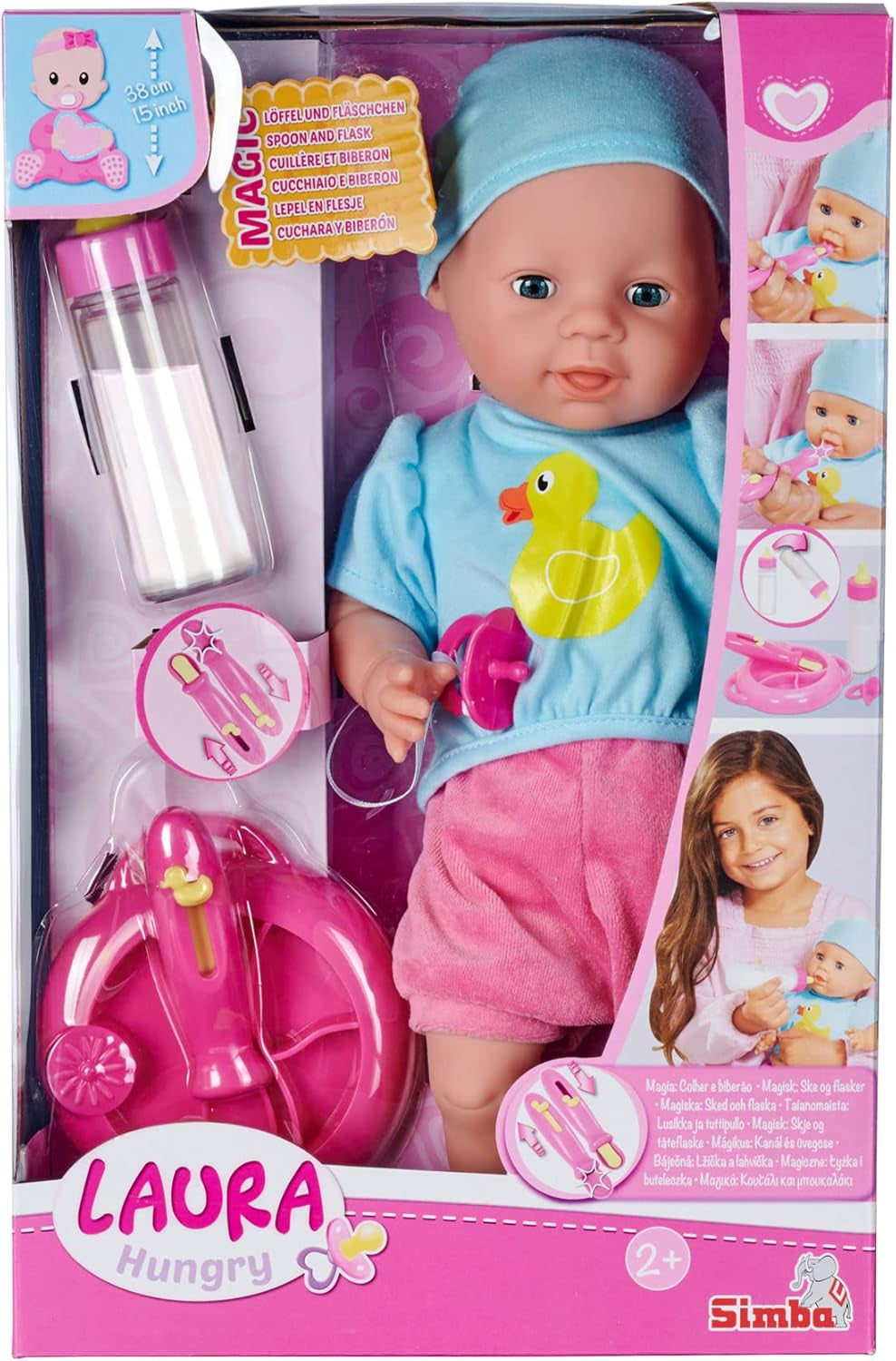 Simba 105010964 – Laura Hungry Kuschelpuppe mit Schnuller, Zauberlöffel, verschwindender Flasche und Teller, 38 cm, Babypuppe für Kinder ab 2 Jahren