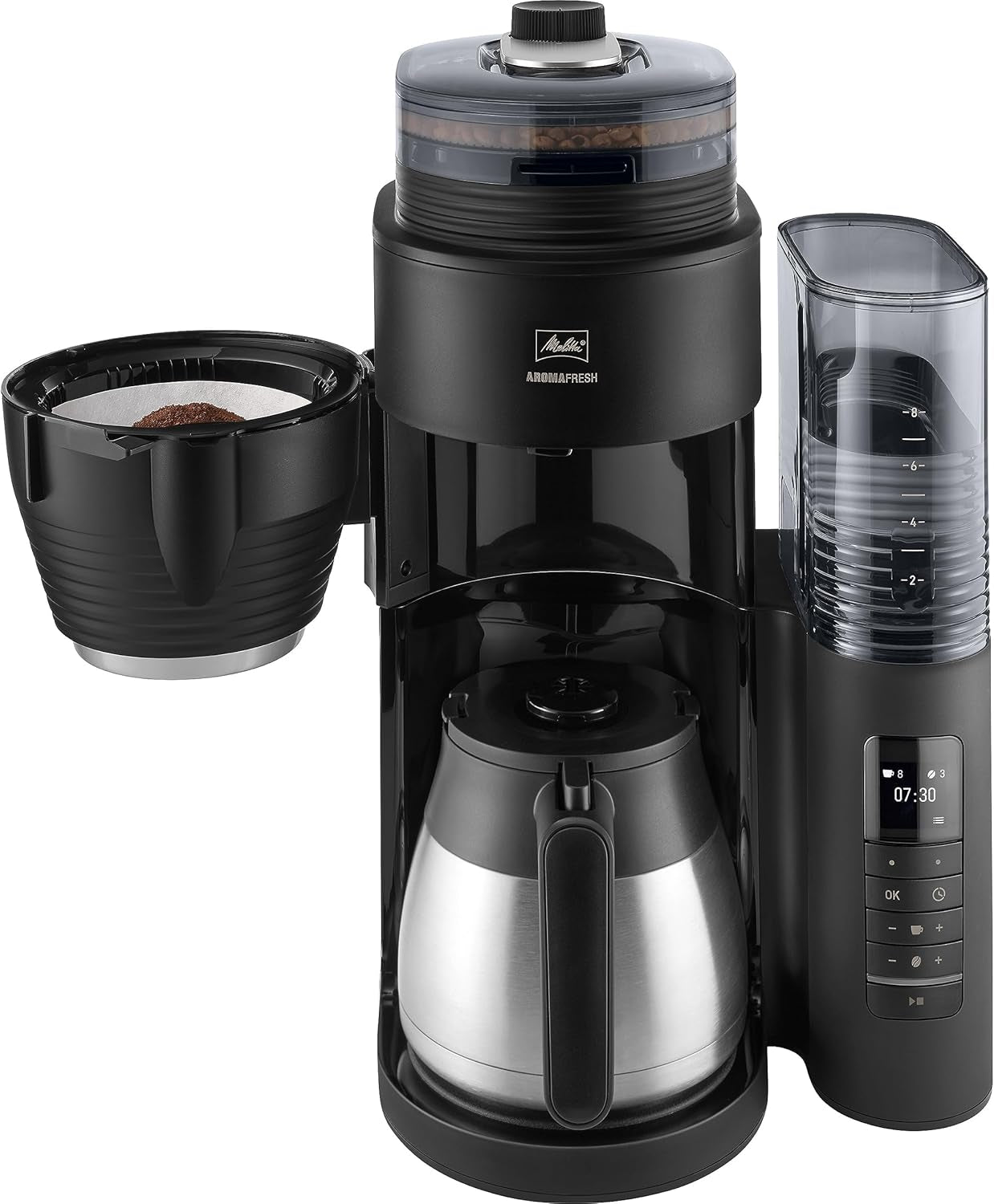 Melitta AromaFresh Therm Pro X – Espressomaschine mit Filter, integriertem Mahlwerk, abnehmbarem Wassertank, Thermokaraffe aus Edelstahl und Timerfunktion, für bis zu 8 Tassen Kaffee, Schwarz/Silber