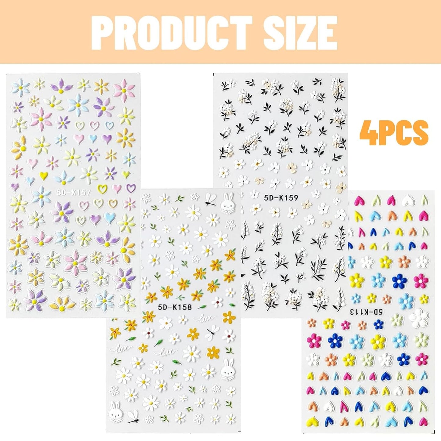 Nagelsticker-Set für einzigartiges Nageldesign, 4 Blatt Frühlingsthemen Nail Art Zubehör, perfekt für 3D-Gel-Nägel und UV-Gel-Streifen