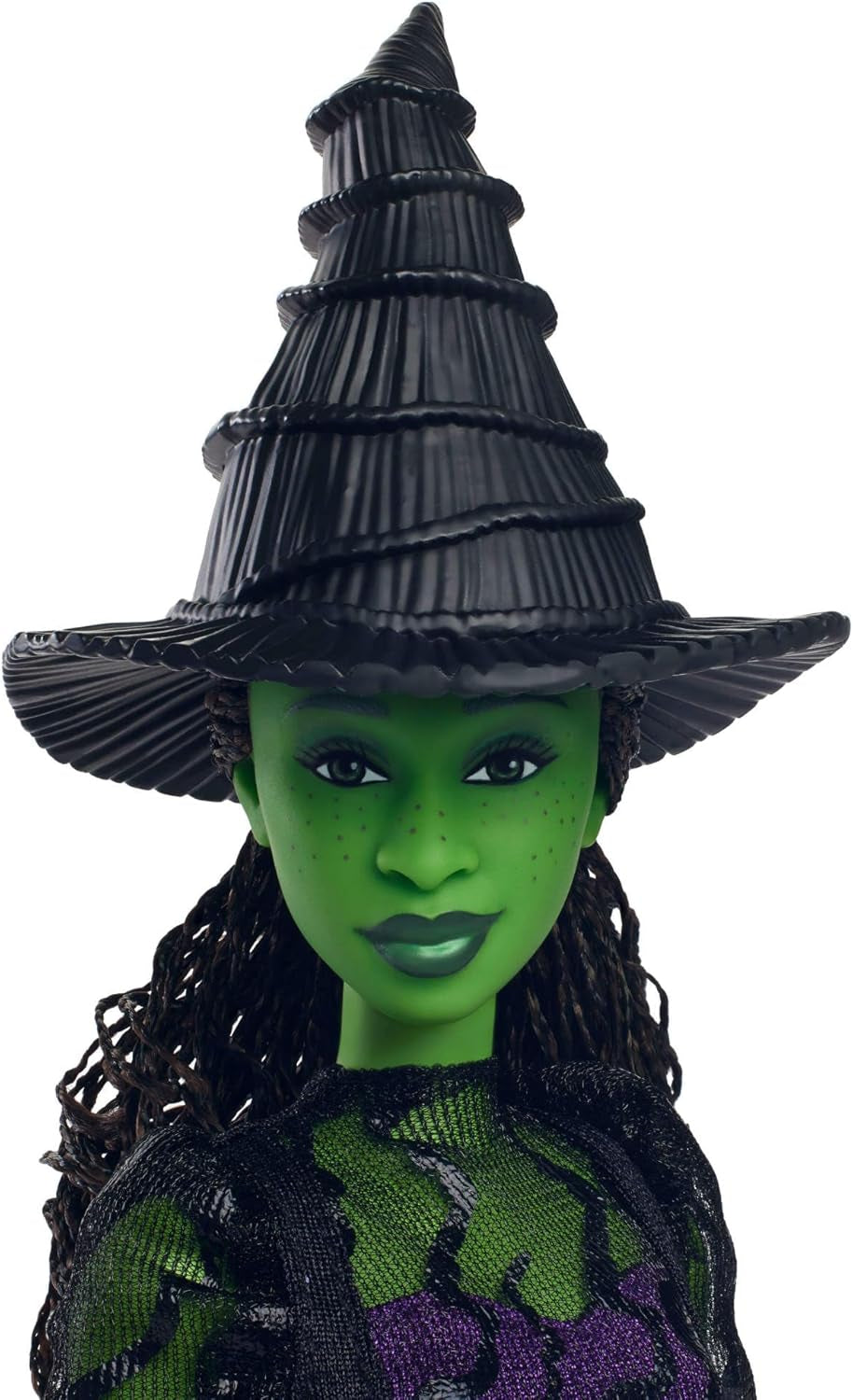 Mattel Wicked Elphaba Modepuppe und Zubehör mit grüner Haut, schwarzem geflochtenem Haar, verschiedenen möglichen Posen und erweiterbarem Ballkleid-Aussehen, HXT62, [Mehrfarbig] Naty Shop Dolls