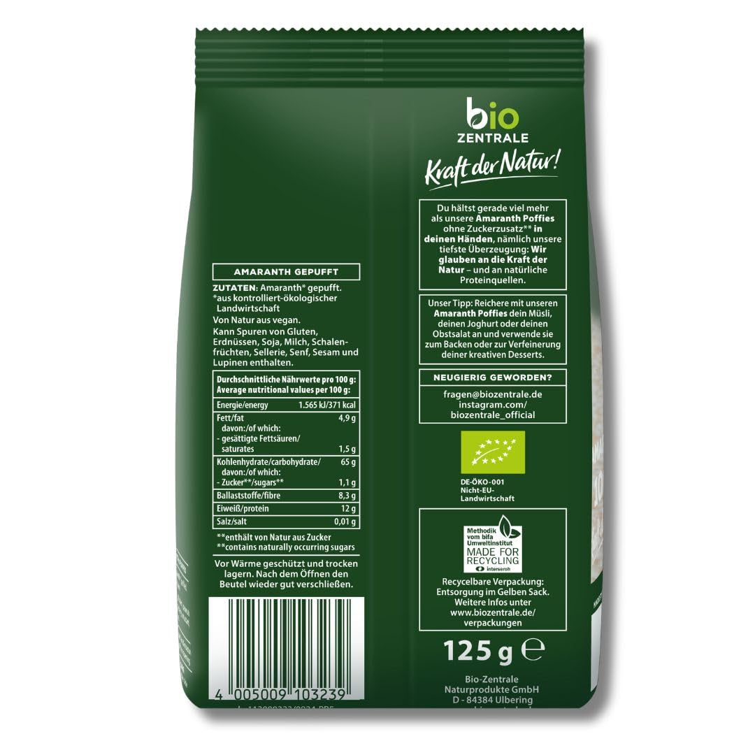 Biozentrale Amaranth-Puffs | 125 g | vegan | kleine expandierte Amaranthkörner | Proteinquelle | für Müsli, Joghurt und bunte Frühstücksbowls