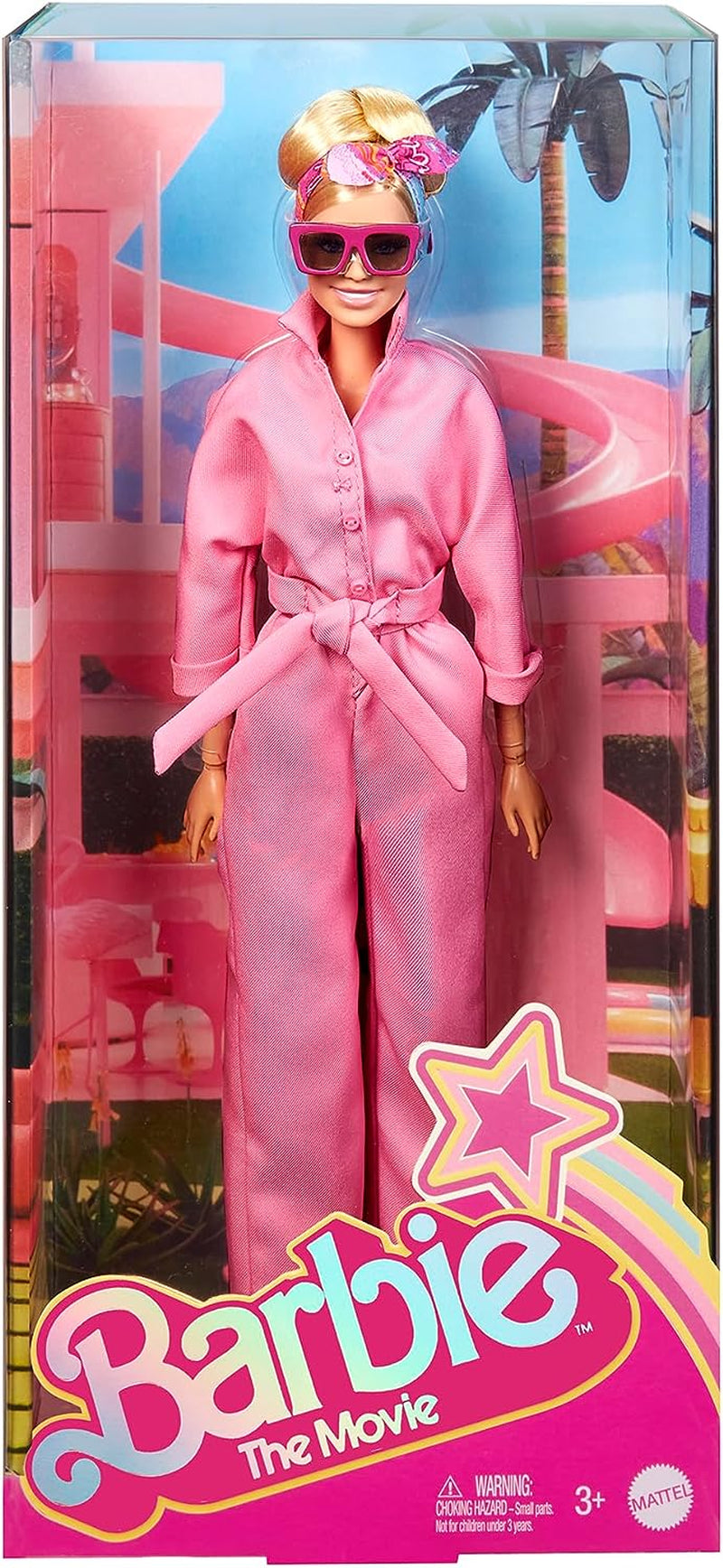 BARBIE THE MOVIE Margot Robbie – Puppe mit Kaugummi-Rosa Jumpsuit, Messy Updo, Sonnenbrille, Kopftuch, Wedge-Sneakers, Sammlerverpackung, für Kinder ab 3 Jahren, HRF29