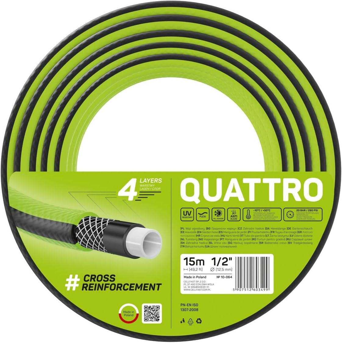 Cellfast QUATTRO Gartenschlauch, langlebig, leicht, 4-lagig, UV-beständig, Drahtschlauch, Kreuzgeflecht, 20 Bar, 1/2 Zoll 15 m, 10-064