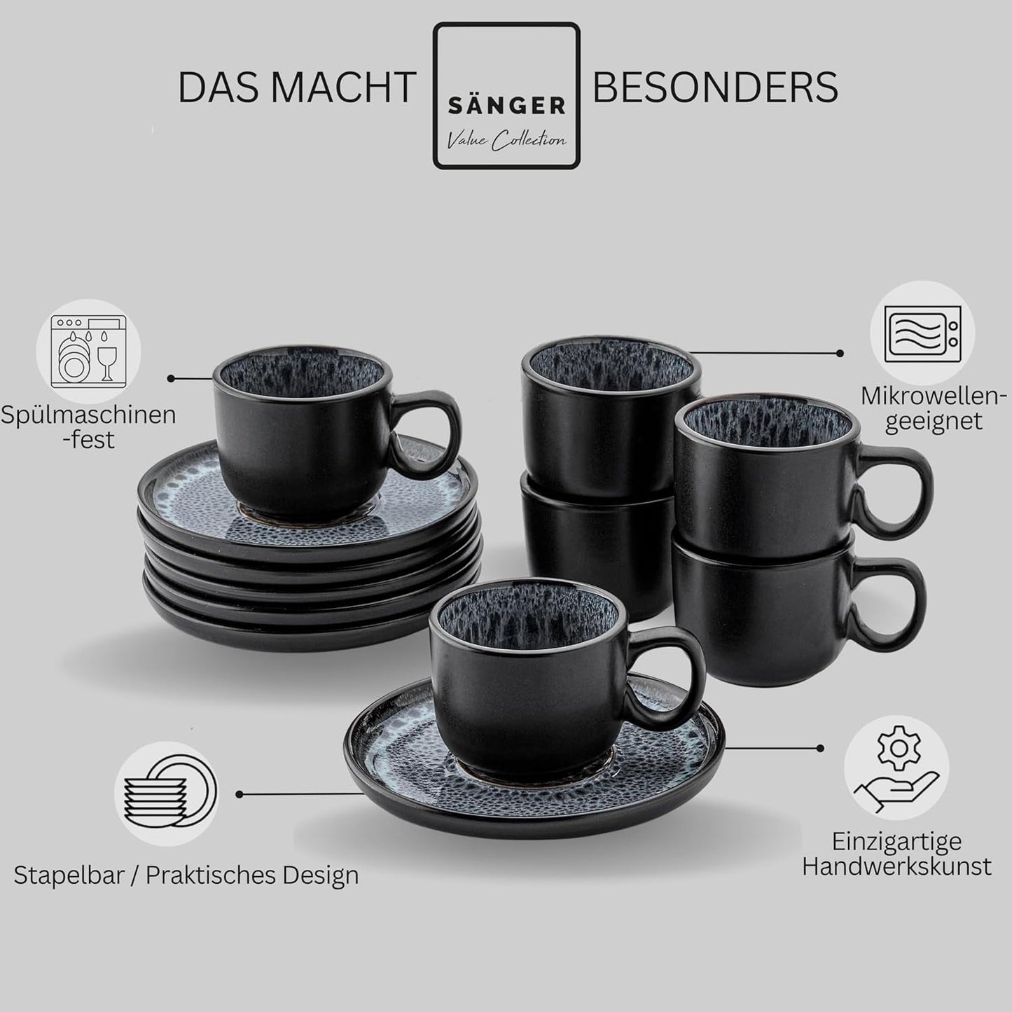 SANGER Sydney | Espressotassen-Set aus Keramik, 12 Stück, Mokkatassen-Set für 6 Personen, Tassen und Untertassen, spülmaschinen- und mikrowellengeeignet, dunkelgrau, 80 ml | DIE VALUE-KOLLEKTION