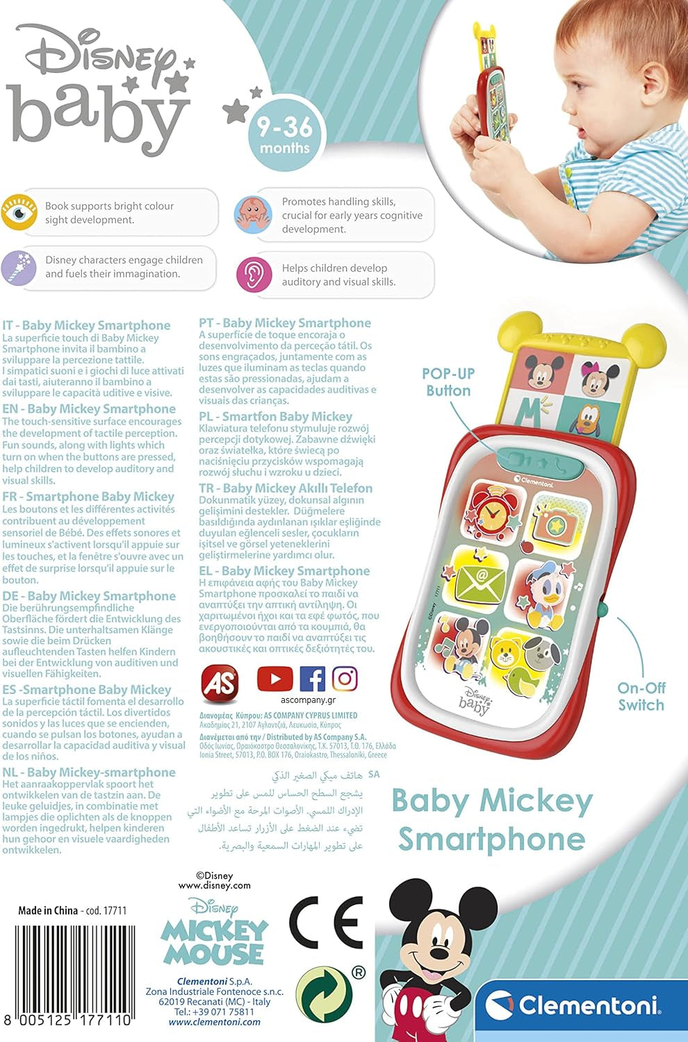 Clementoni 17711 Disney Baby Baby Mickey Smartphone, Kinderhandy mit Licht- und Soundeffekten, interaktives Spielzeug für Kinder von 9–36 Monaten, M, mehrfarbig, Bebe Toys Naty Shop