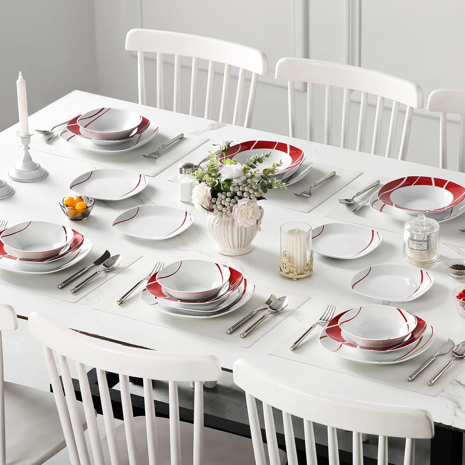 MALACASA Geschirrset für 6 Personen, Felisa Porzellangeschirrset 24-teilig, modernes Geschirrset mit 6 Speisetellern, Desserttellern, Suma-Tellern und Schüsseln, perfekt für Weihnachten und den täglichen Gebrauch