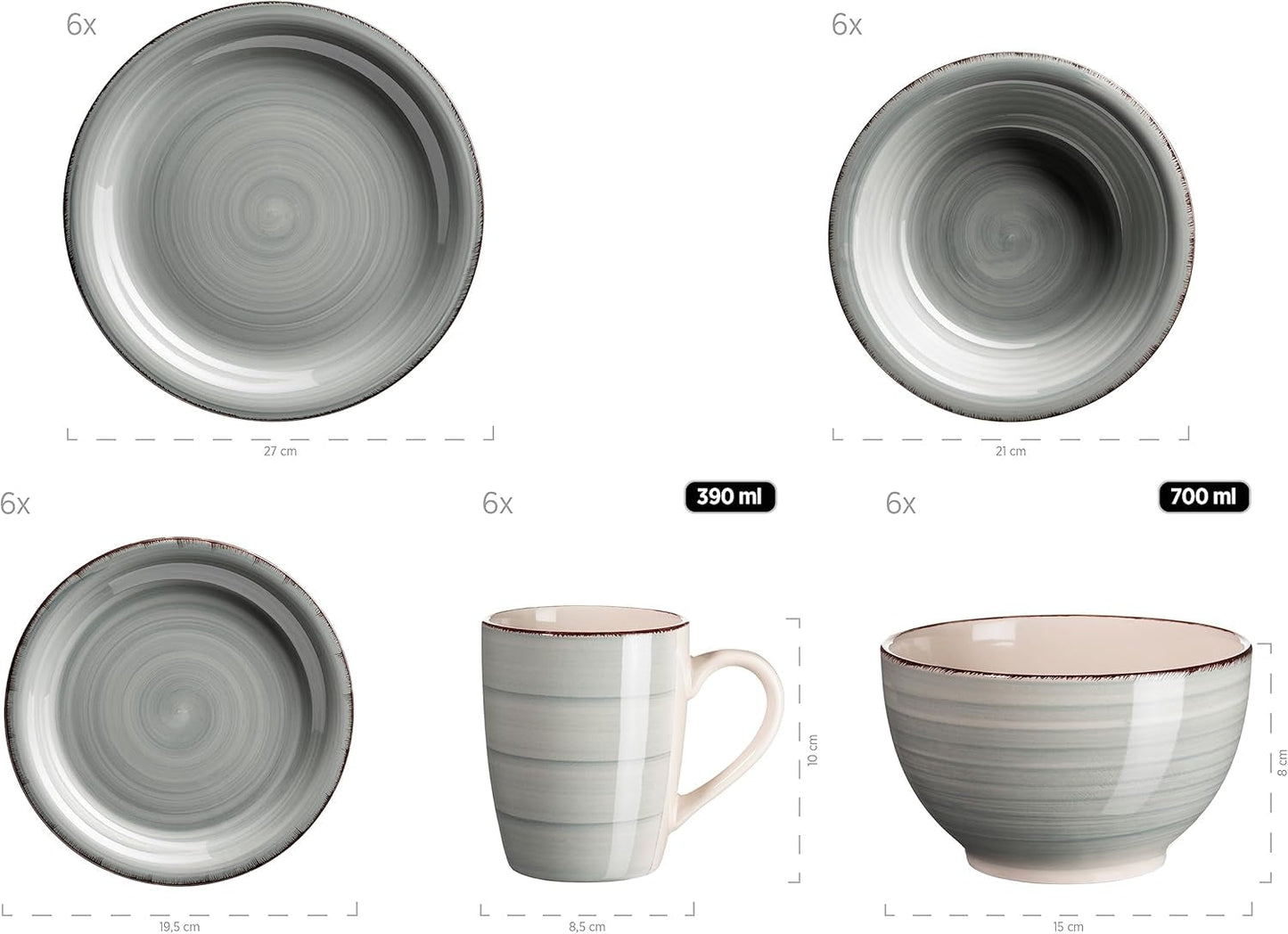 MÄSER 931612 Bel Tempo II Vintage-Geschirrset für 6 Personen, 30-teilig, kombiniertes Service aus blauer, handbemalter Keramik, Steingut, Rauchblau