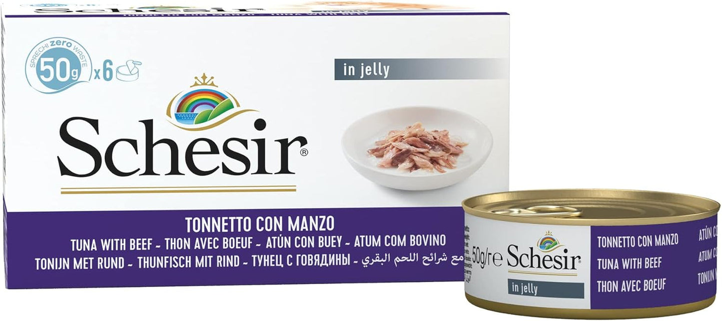 Katzengelee mit Thunfisch und Rindfleisch, Nassfutter für Katzen in Gelee, 8 x 6 Dosen x 50 g