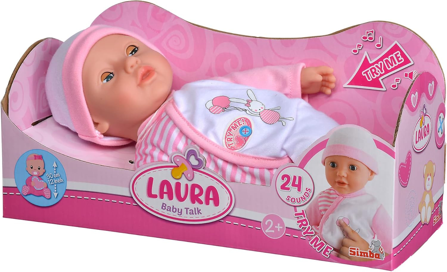 Simba 105140020 – My Love Baby Talk Puppe mit weichem Körper und Schlafaugen in süßem Kleid, macht 24 Babygeräusche, 30 cm große Babypuppe ab 2 Jahren, weiß, rosa, Naty Shop Dolls