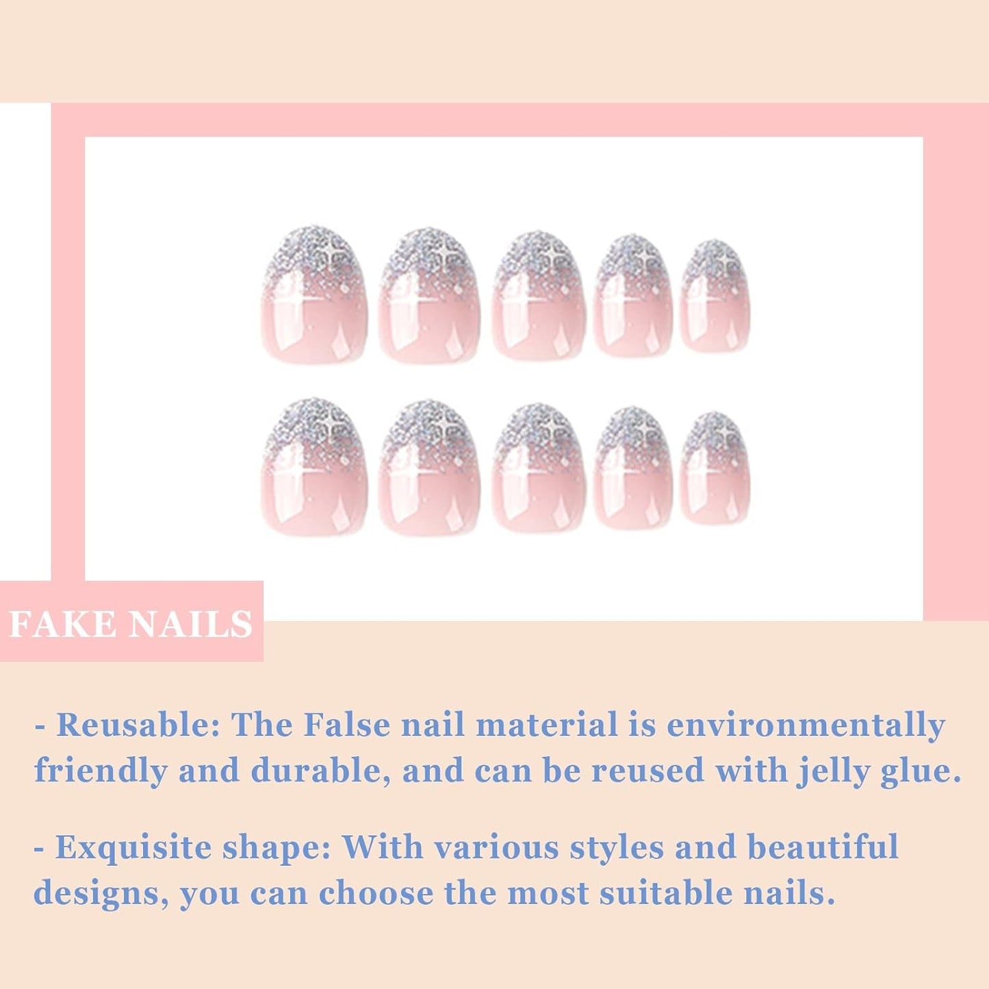 24 Stück French Press On Nails, kurz, glänzend, silberfarbenes Design, ovale künstliche Nägel, zum Aufkleben auf Acryl, glänzende Nägel, falsche Nägel für Frauen und Mädchen