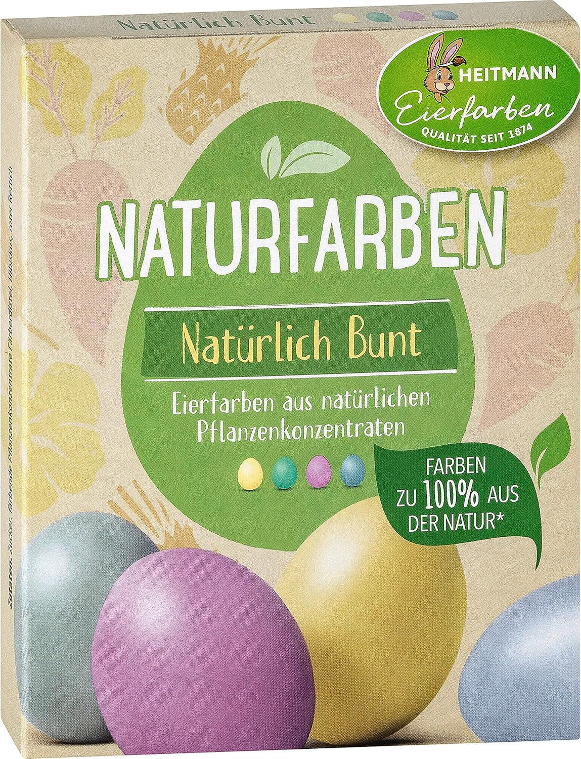 Heitmann Eierfärbe-Naturfarbset, 3 Eierfärbepulver (Gelb, Lila, Graublau), Graspapier-Aufkleberbogen