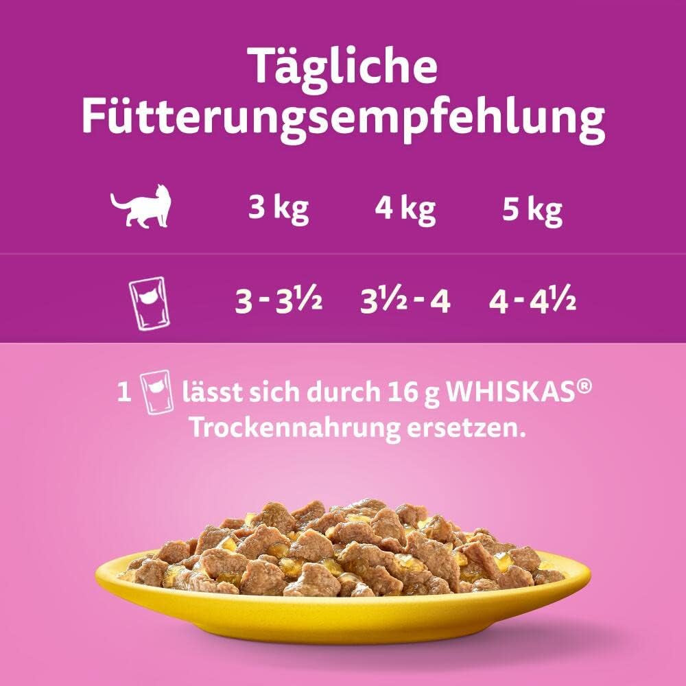 Whiskas 1+ Nassfutter für Katzen mit Huhn in Gelee, 28x85g (1 Packung) – Hochwertiges Nassfutter für ausgewachsene Katzen in 28-Portionen-Beuteln