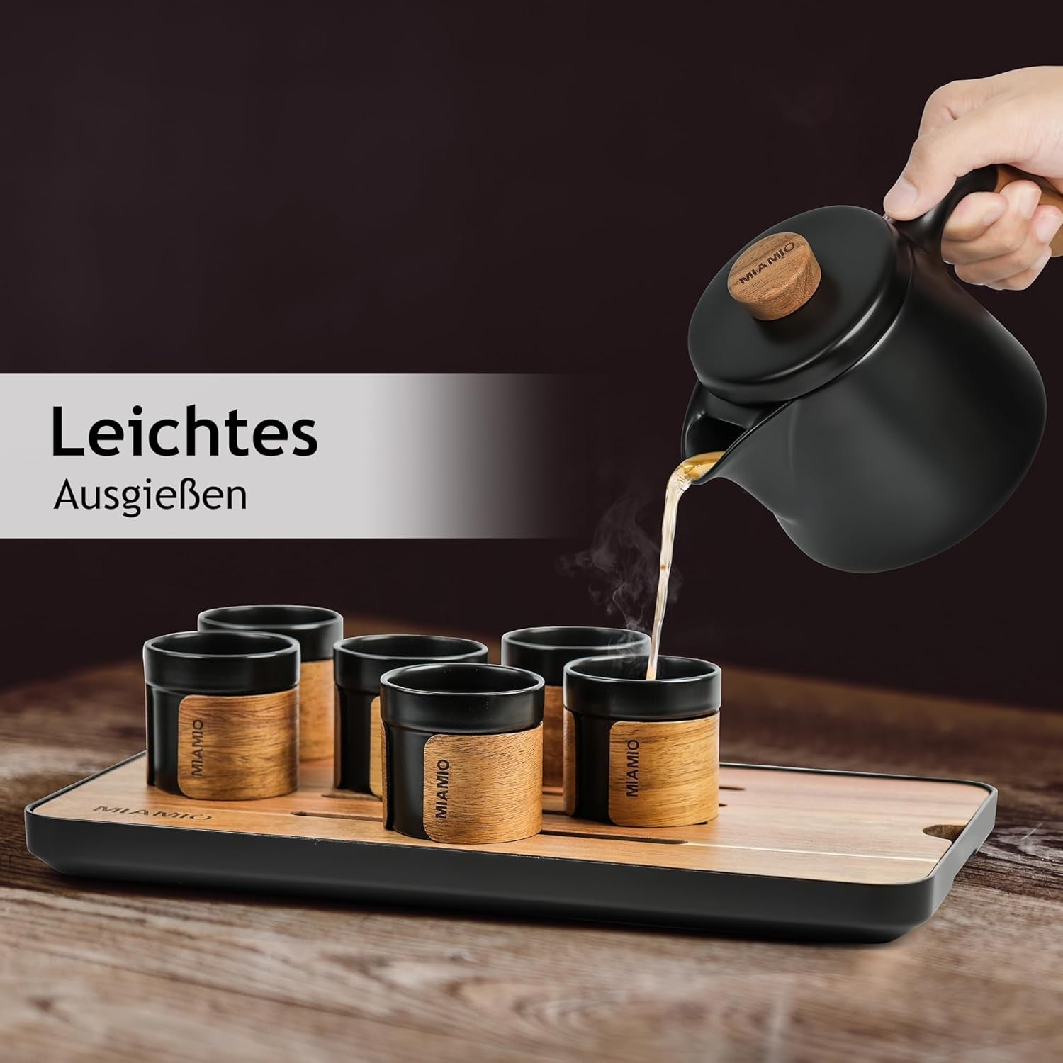 MIAMIO – Japanisches/chinesisches Tee-Set 6 x 100 ml/asiatische Teekanne 620 ml mit Tee-Ei, traditionelles japanisches Teekannen-Set für Teeliebhaber/Männer/Frauen (schwarz)