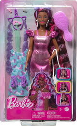 Barbie-Puppe, lustiges, stilvolles Haar mit extra langen, bunten schwarzen Haaren und glitzerndem rosa Kleid, 10 Frisuren und Modeaccessoires JDC86