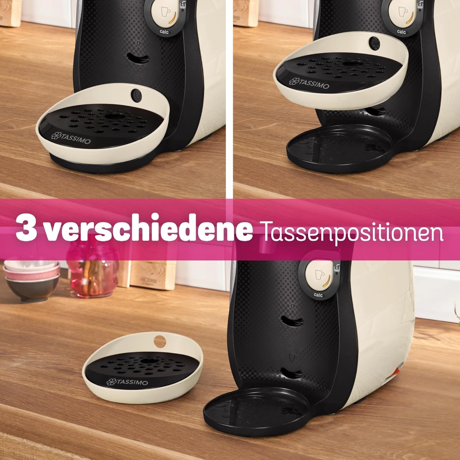 Bosch Tassimo Happy Friendly TAS107E Kapsel-Espressomaschine, 70+ Getränke, für alle Tassen geeignet, Auto-Stop, nachhaltig, perfekte Dosierung, platzsparend, 1400 W, Creme/Schwarz