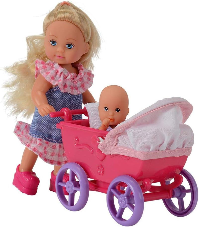 Simba 105736241 Evi Love Walk Doll, 2 sortierte Evi-Puppe mit Babypuppe, mit Puppenwagen, inklusive Zubehör, Modepuppe, 12 cm, für Kinder ab 3 Jahren