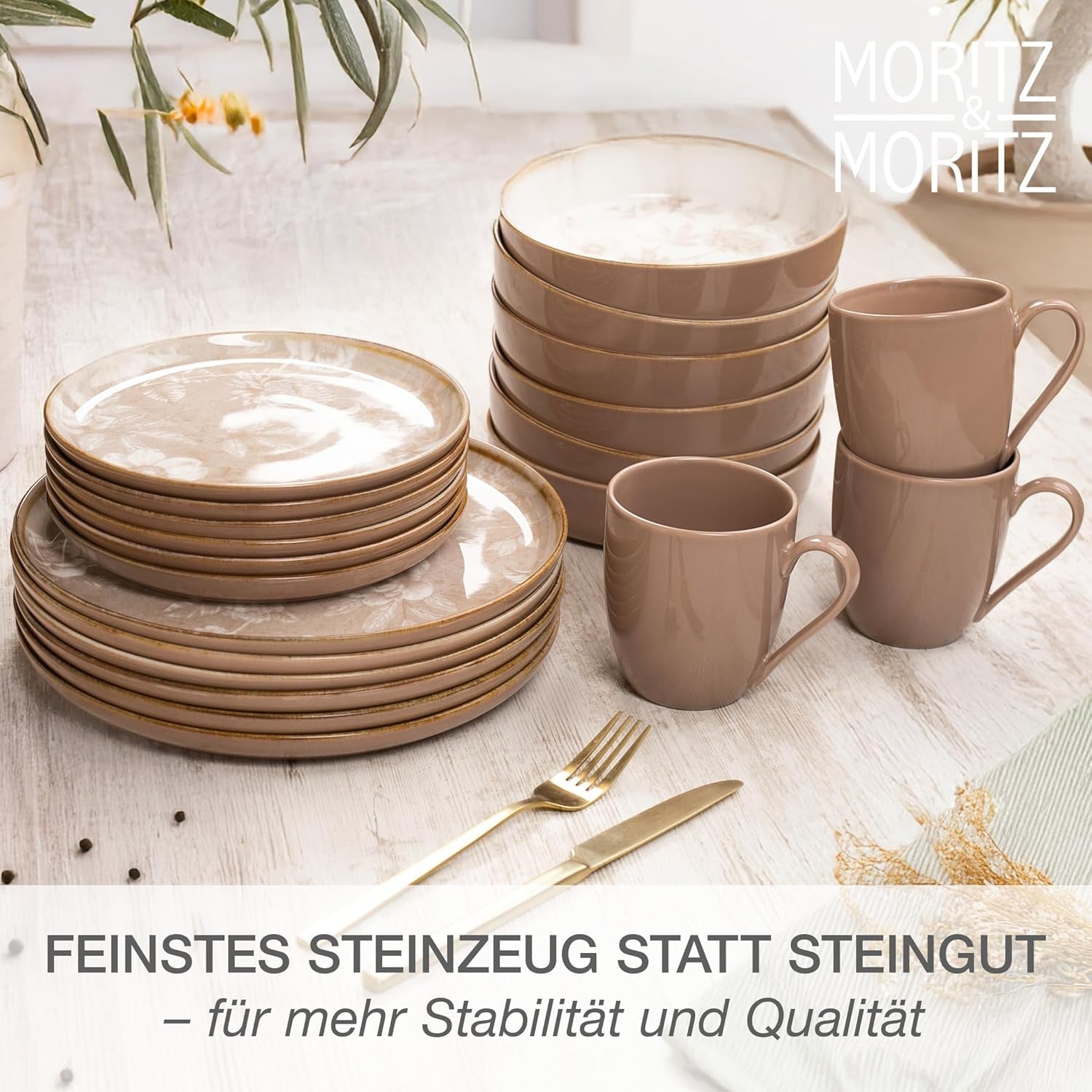 Moritz & Moritz MARIELLA 24-teiliges Steingut-Geschirrset für 6 Personen – Modernes beigefarbenes Geschirr mit verspieltem Design, pflegeleichtes Kaffeeservice mit Tellern, Schüsseln und Tassen – Kombinationsset
