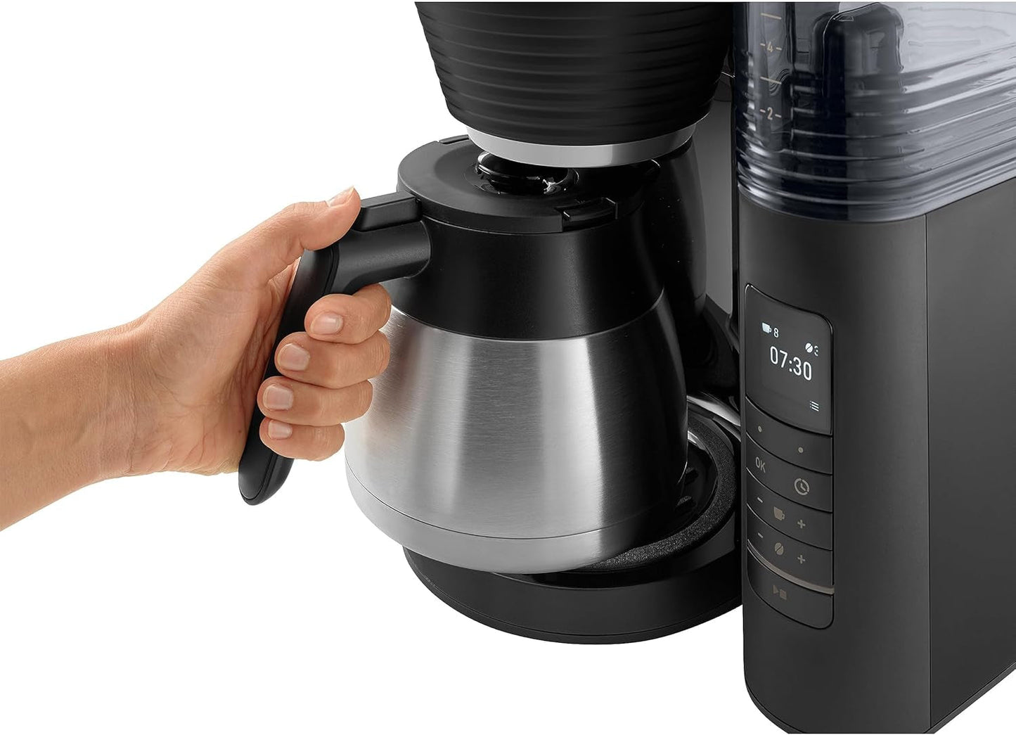 Melitta AromaFresh Therm Pro X – Espressomaschine mit Filter, integriertem Mahlwerk, abnehmbarem Wassertank, Thermokaraffe aus Edelstahl und Timerfunktion, für bis zu 8 Tassen Kaffee, Schwarz/Silber