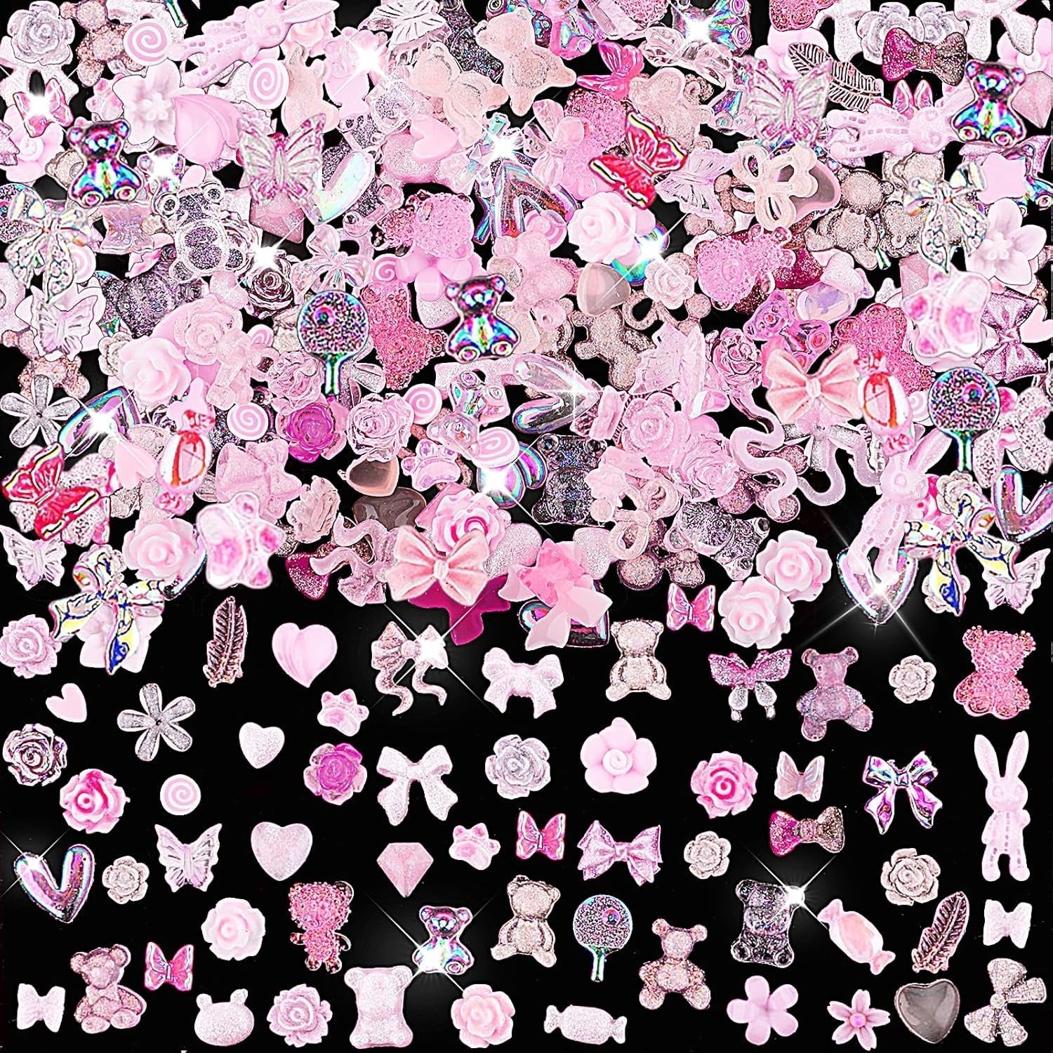 200 Stück Nail Art Charms 3D Nail Art Dekoration Set Bogen Nagel Anhänger Rosa Gemischter Stil Schleife Blume Teddybär Lutscher Herzform Nail Art Dekoration DIY Handwerk Nageldesign