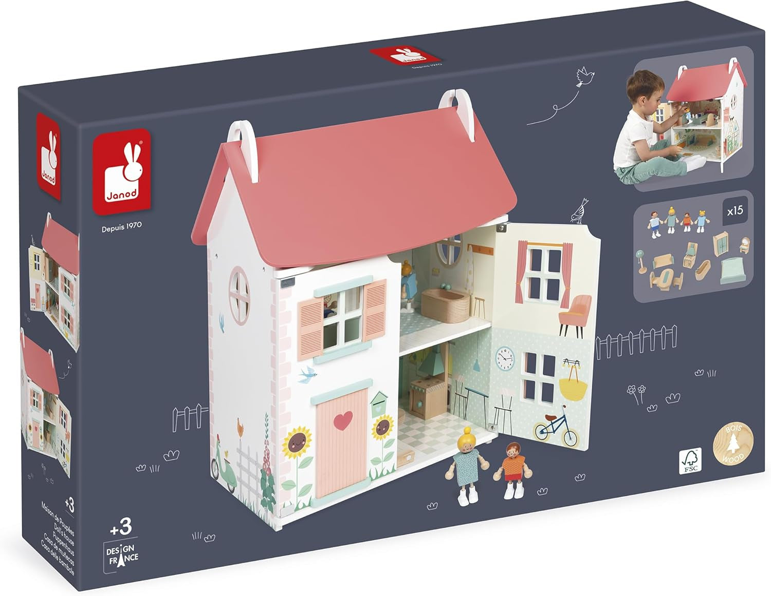Janod – Mein erstes Puppenhaus aus Holz – 10 Zubehörteile – Puppenmöbel – magnetische Türen und abnehmbares Dach – FSC-zertifiziertes Holzspielzeug – ab 3 Jahren