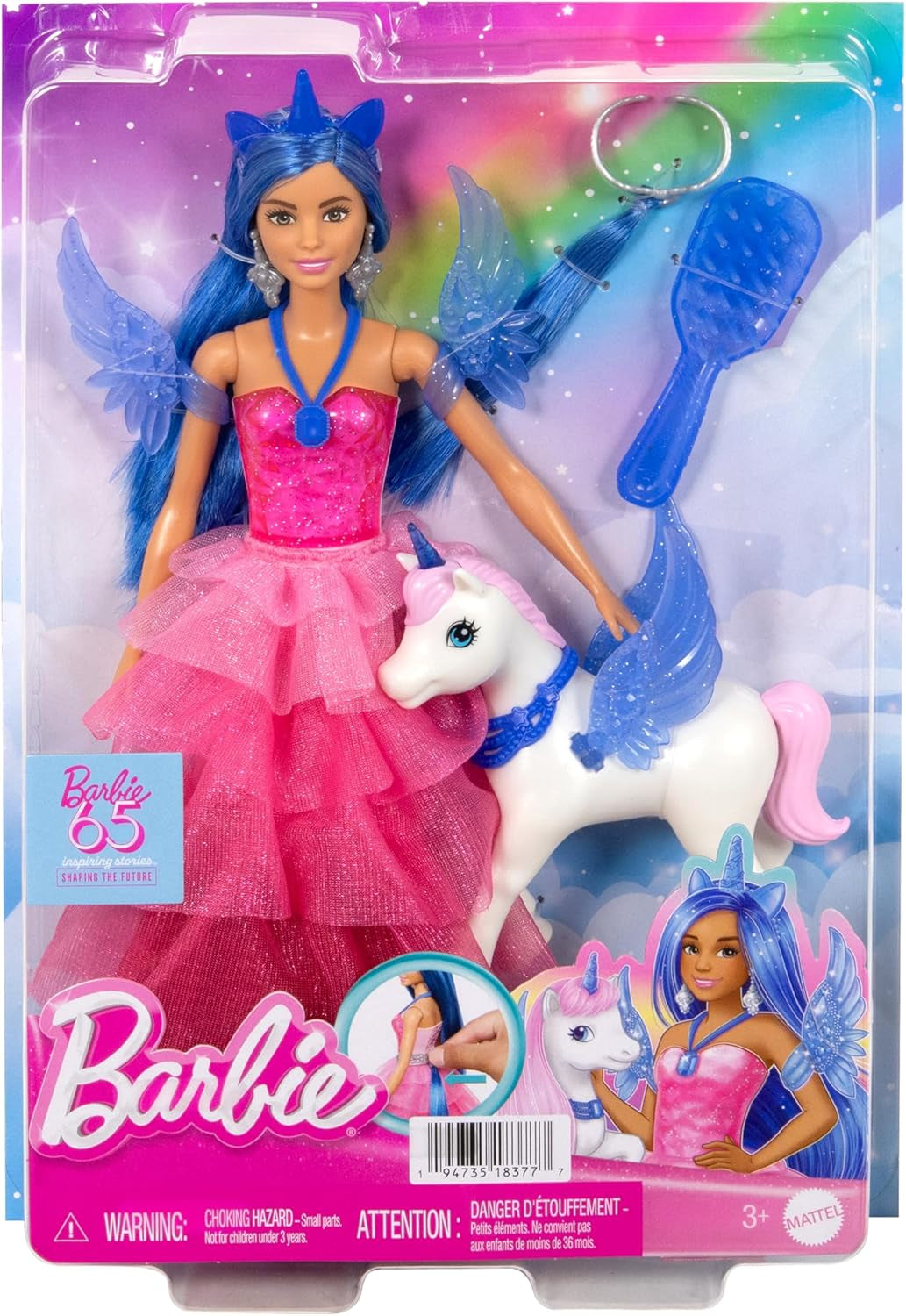 Barbie Hidden Magic – Einhorn-Puppe, rosa Kleid mit saphirblauen Details, Einhorn-Stirnband, abnehmbare Saphir-Flügel und Schwanz, ab 3 Jahren, HRR16