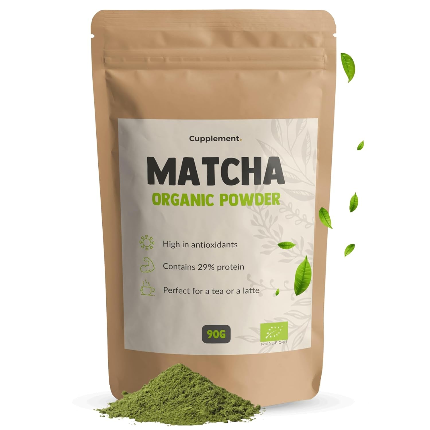 Cupplement Matcha 90 Gramm Bio – Grüner Tee in Pulverform höchster Qualität – Kein Bambusbesen und -draht – Kulinarik – Einsteigerset – Latte – Schneebesen – Japan – Pulver – Tee – Draht – Beutel – Smoothie