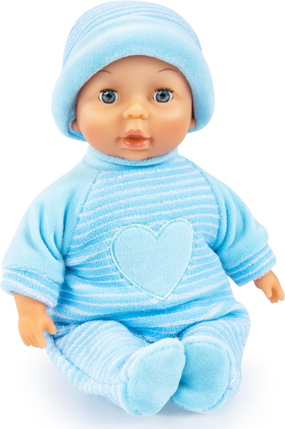 Bayer Design 92802AU My First Baby 28 cm, Babypuppe, Weichkörperpuppe mit Schlafaugen, sehr praktisch, süßes Outfit, blau mit Herz